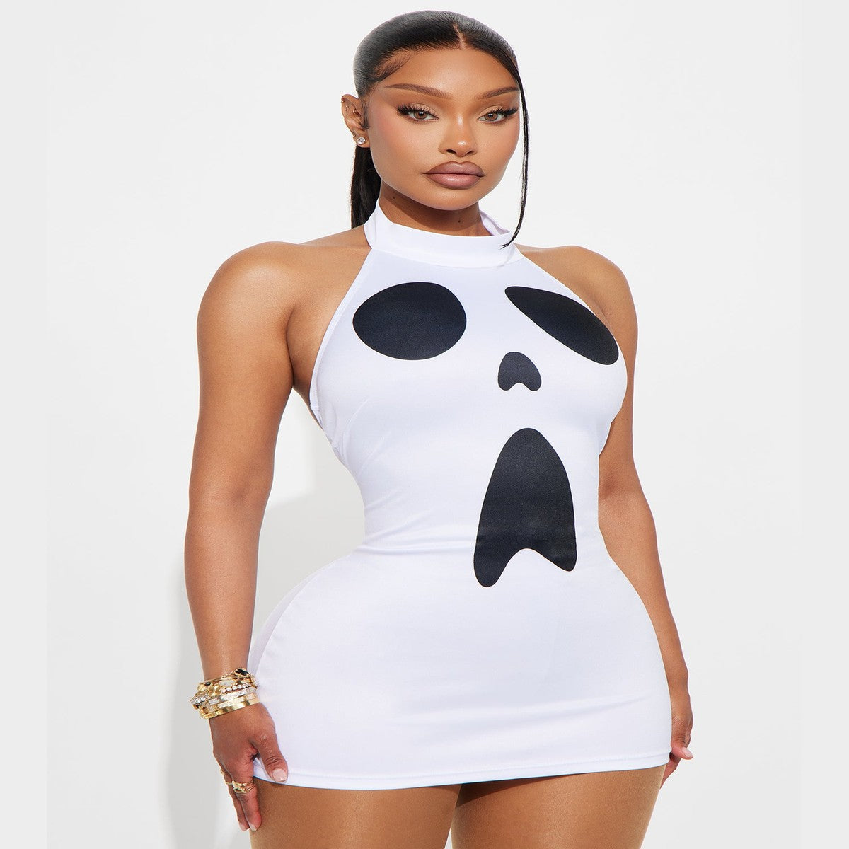 Bodycon Mini Dress with Ghost Print Graphic and High Neckline, Sleeveless