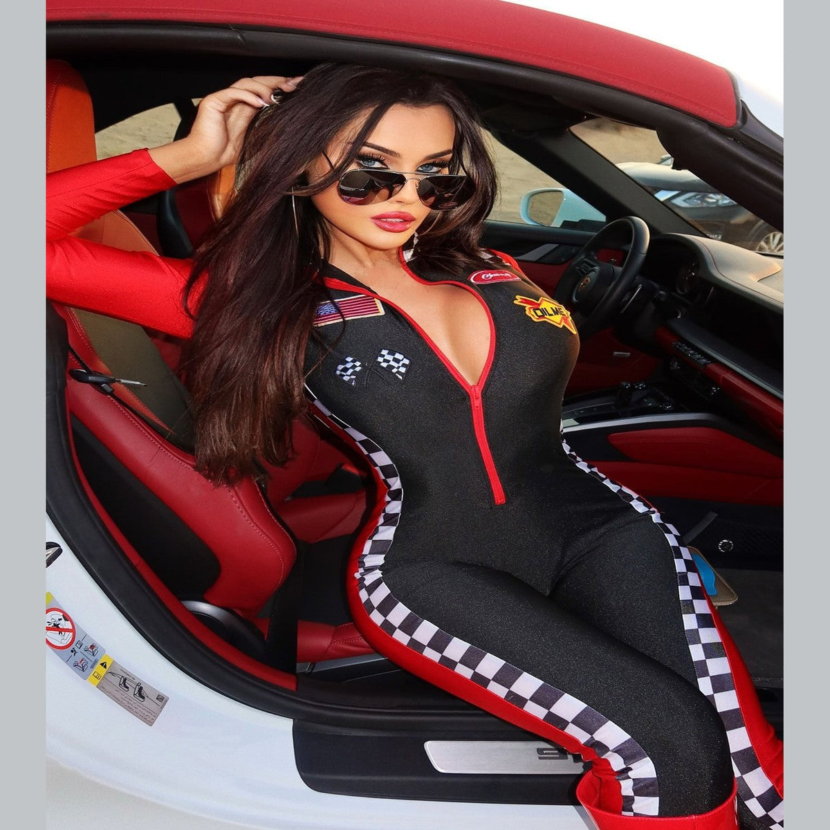 Racing Costume Three Piece Set with Stretch Knit Fabric and Checkered Flag Design