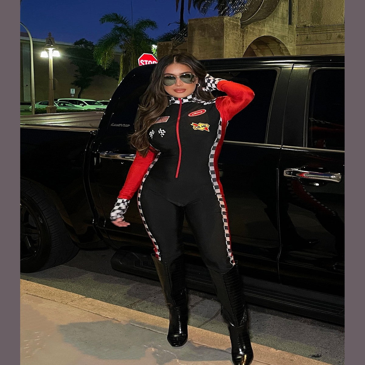 Racing Costume Three Piece Set with Stretch Knit Fabric and Checkered Flag Design