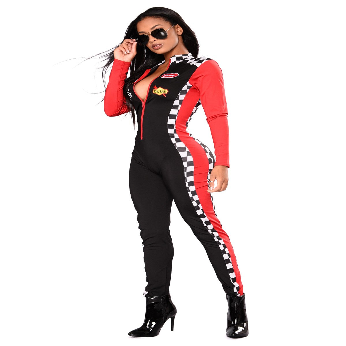 Racing Costume Three Piece Set with Stretch Knit Fabric and Checkered Flag Design