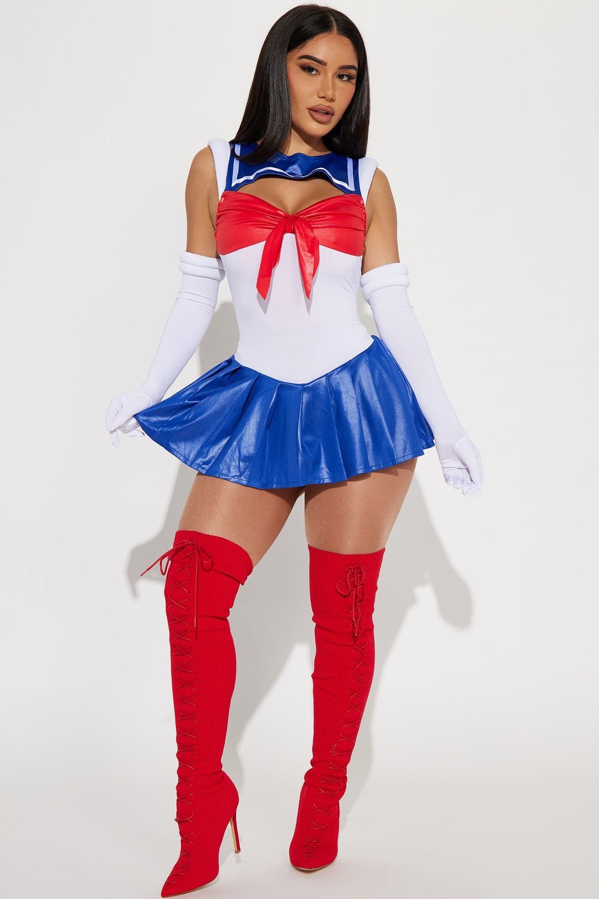 Women Nautical Sailor Costume with Striped Halter Top and High Waisted Shorts