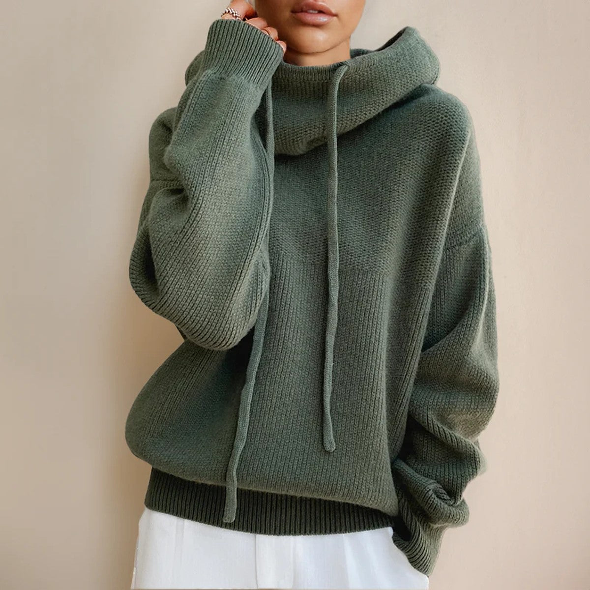 Womens High Neck Knit Pullover with Long Sleeves and Warm Ribbed Collar