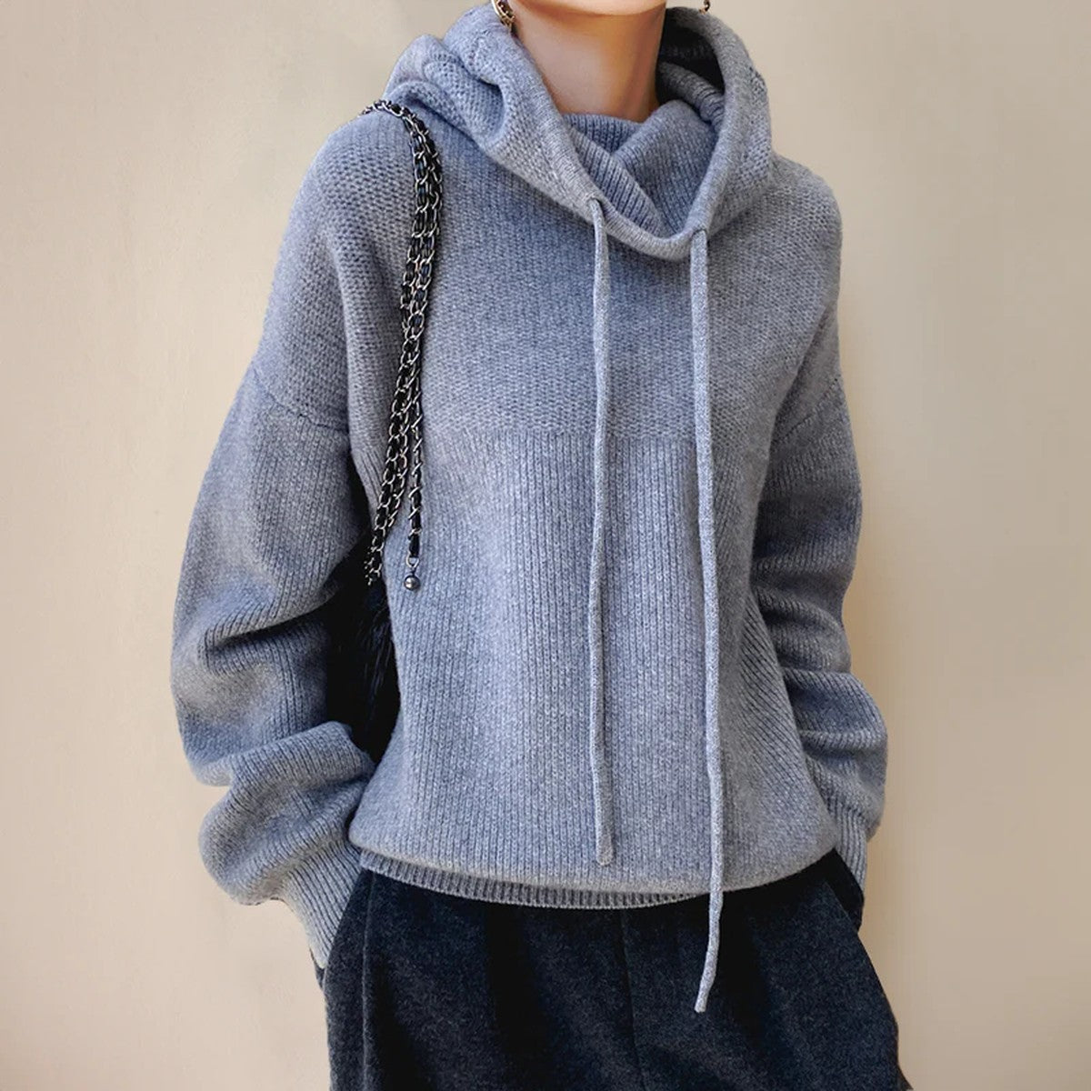Womens High Neck Knit Pullover with Long Sleeves and Warm Ribbed Collar