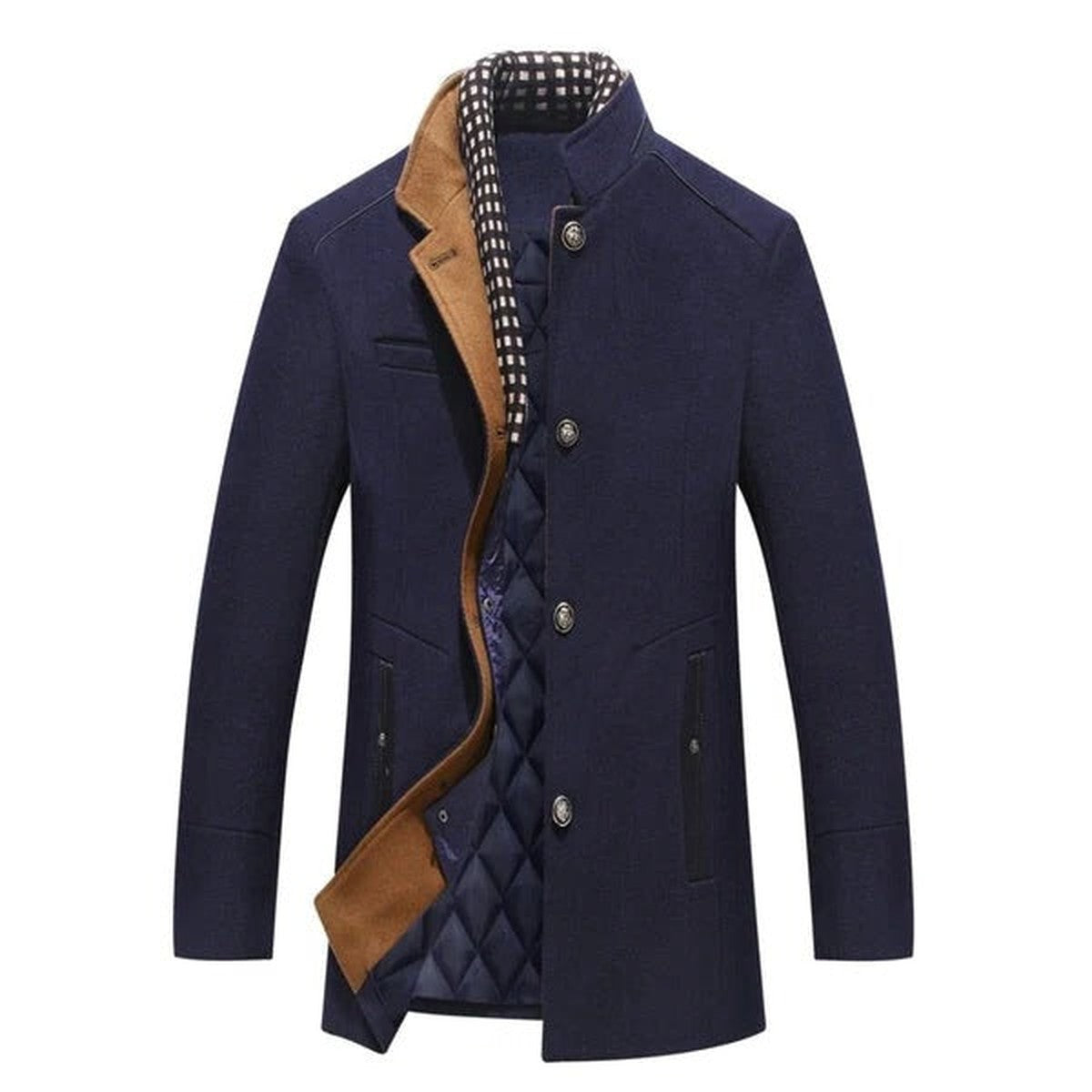 Classic Mens Wool Blend Overcoat with Notched Lapel and Button Closure