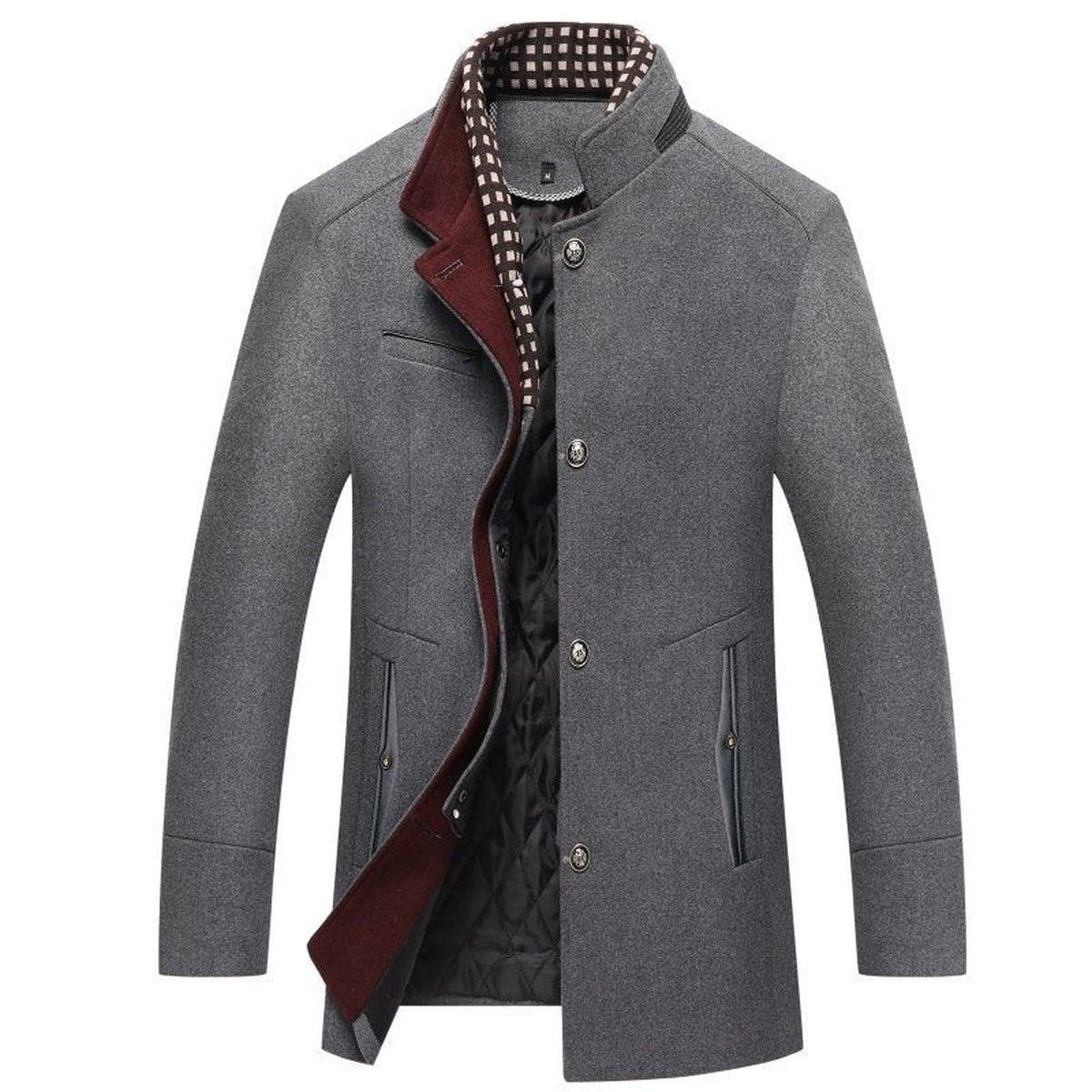 Classic Mens Wool Blend Overcoat with Notched Lapel and Button Closure