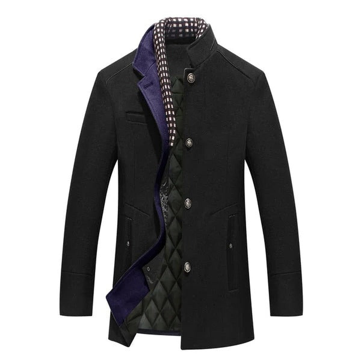 Classic Mens Wool Blend Overcoat with Notched Lapel and Button Closure
