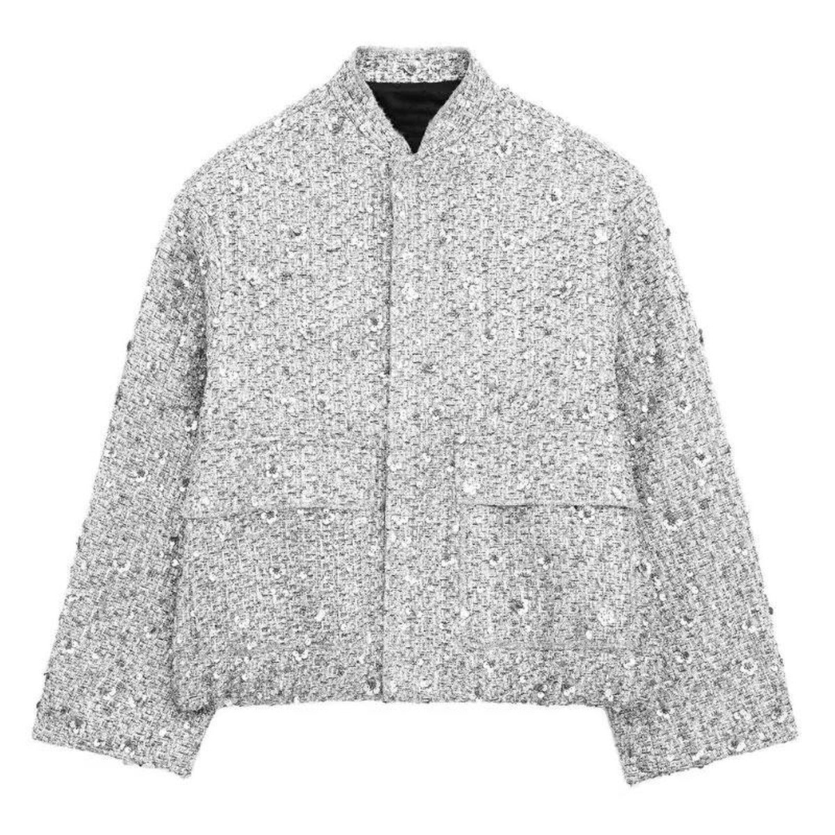 Sparkly Sequin Bomber Jacket with Metallic Ribbed Cuffs and Front Zipper