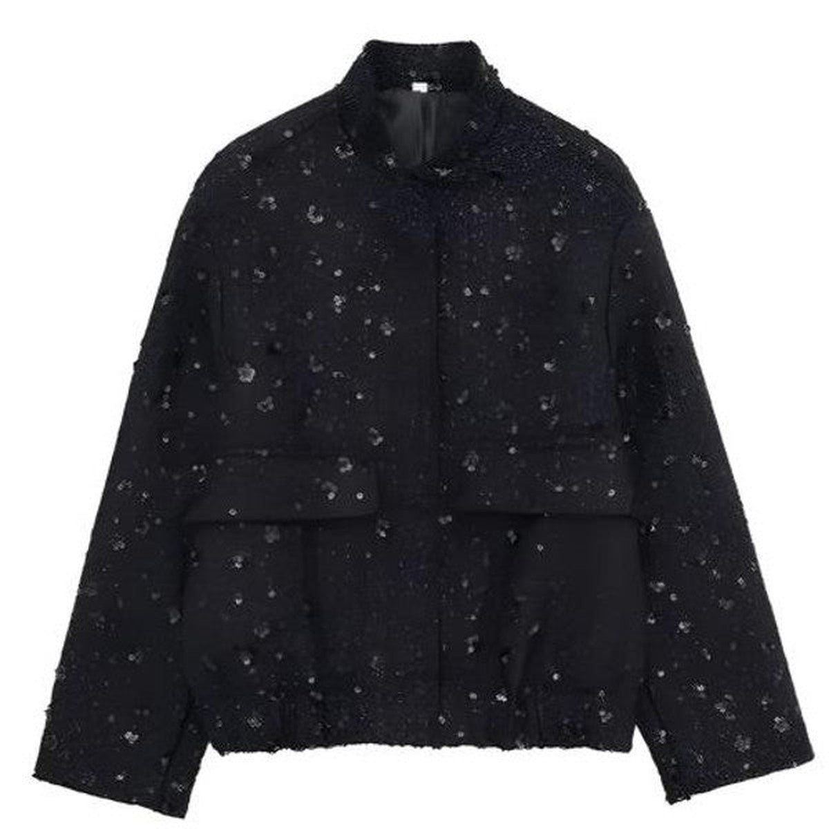 Sparkly Sequin Bomber Jacket with Metallic Ribbed Cuffs and Front Zipper