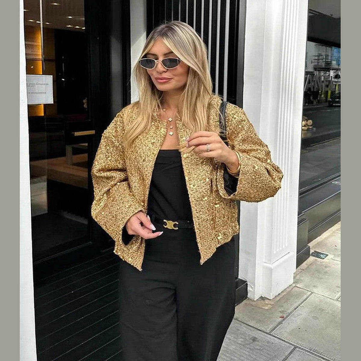 Sparkly Sequin Bomber Jacket with Metallic Ribbed Cuffs and Front Zipper