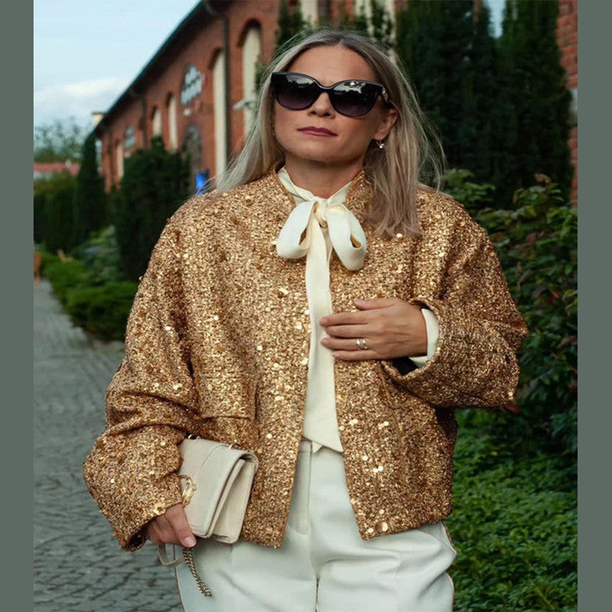 Sparkly Sequin Bomber Jacket with Metallic Ribbed Cuffs and Front Zipper