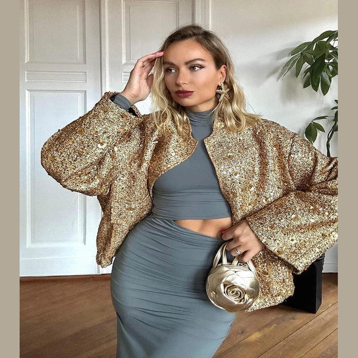 Sparkly Sequin Bomber Jacket with Metallic Ribbed Cuffs and Front Zipper