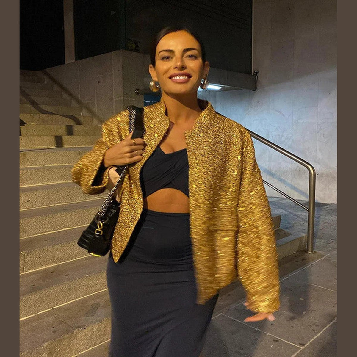 Sparkly Sequin Bomber Jacket with Metallic Ribbed Cuffs and Front Zipper