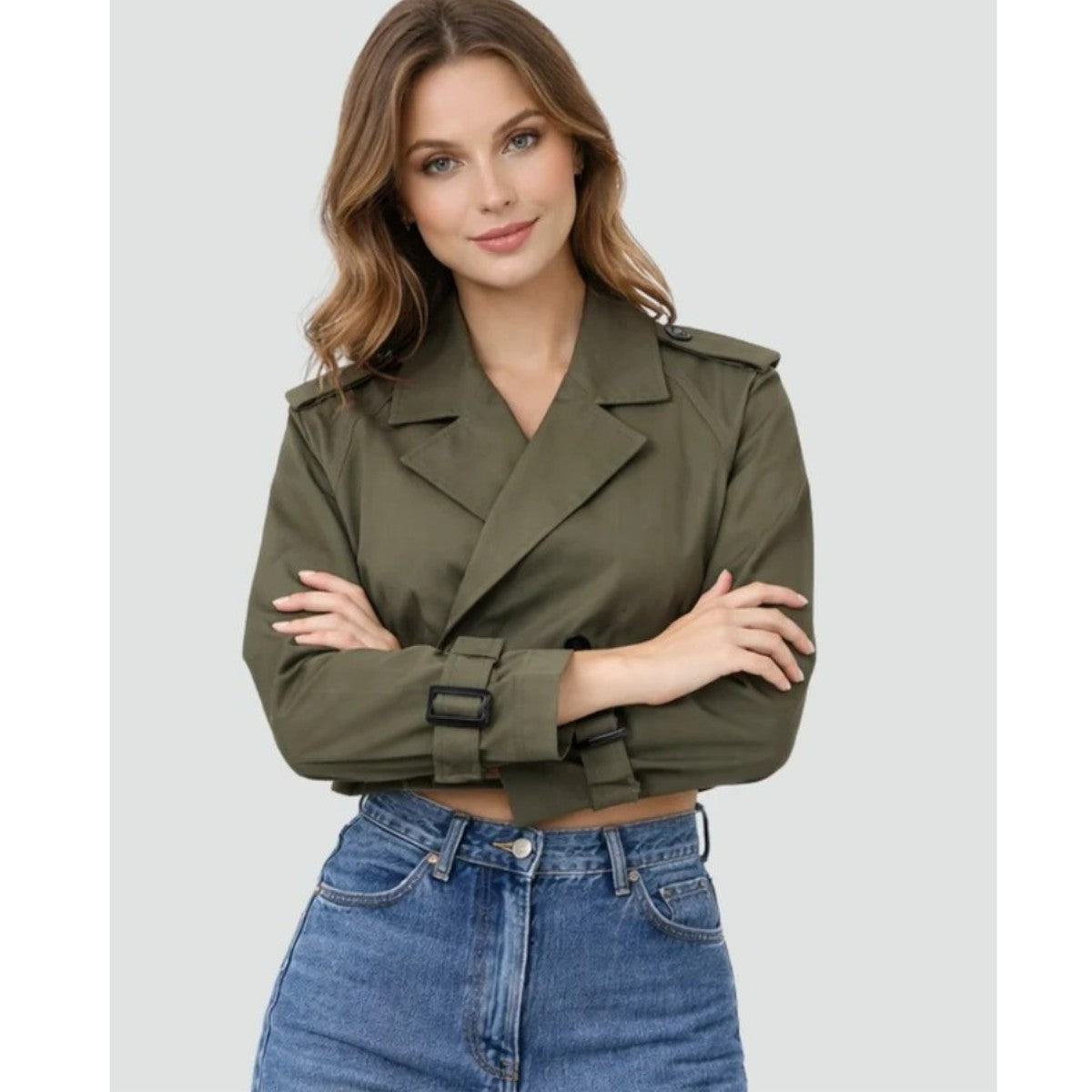 Double Breasted Short Trench Coat for Women with Waist Tie Belt