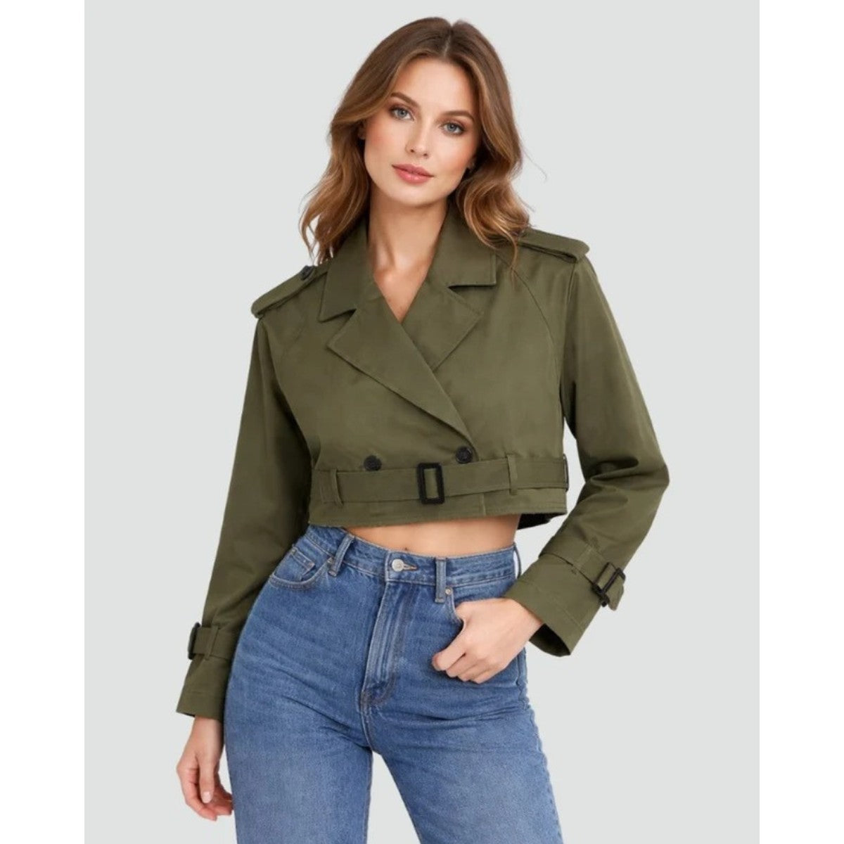 Double Breasted Short Trench Coat for Women with Waist Tie Belt