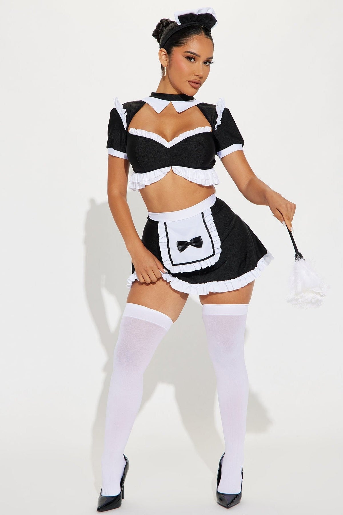 Four Piece Maid Dress Costume with Apron and Headpiece, Neck Collar Included
