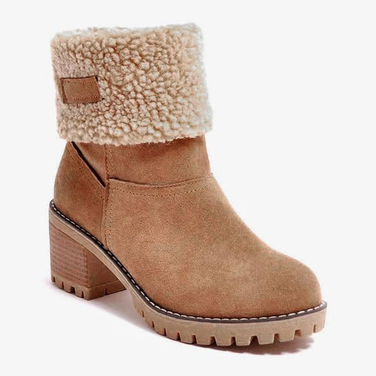 Chunky Block Heel Ankle Booties with Plush Faux Fur Trim and Lace Up Front