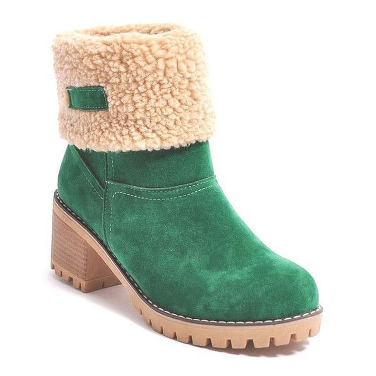 Chunky Block Heel Ankle Booties with Plush Faux Fur Trim and Lace Up Front