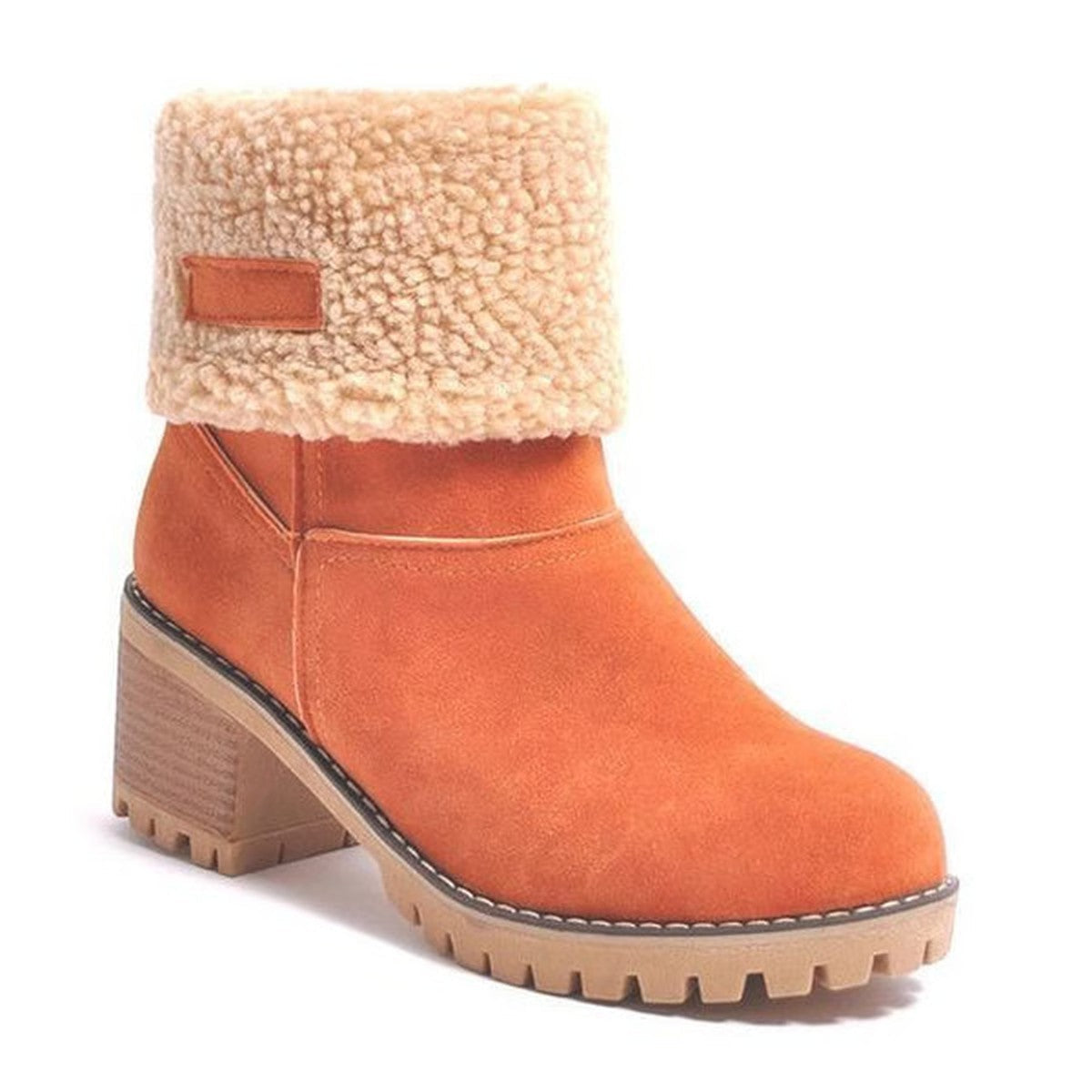Chunky Block Heel Ankle Booties with Plush Faux Fur Trim and Lace Up Front