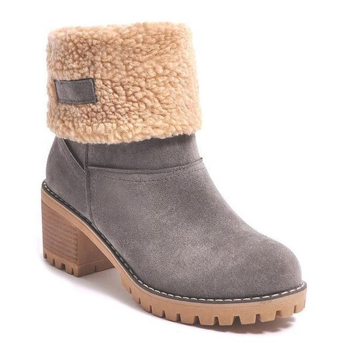 Chunky Block Heel Ankle Booties with Plush Faux Fur Trim and Lace Up Front