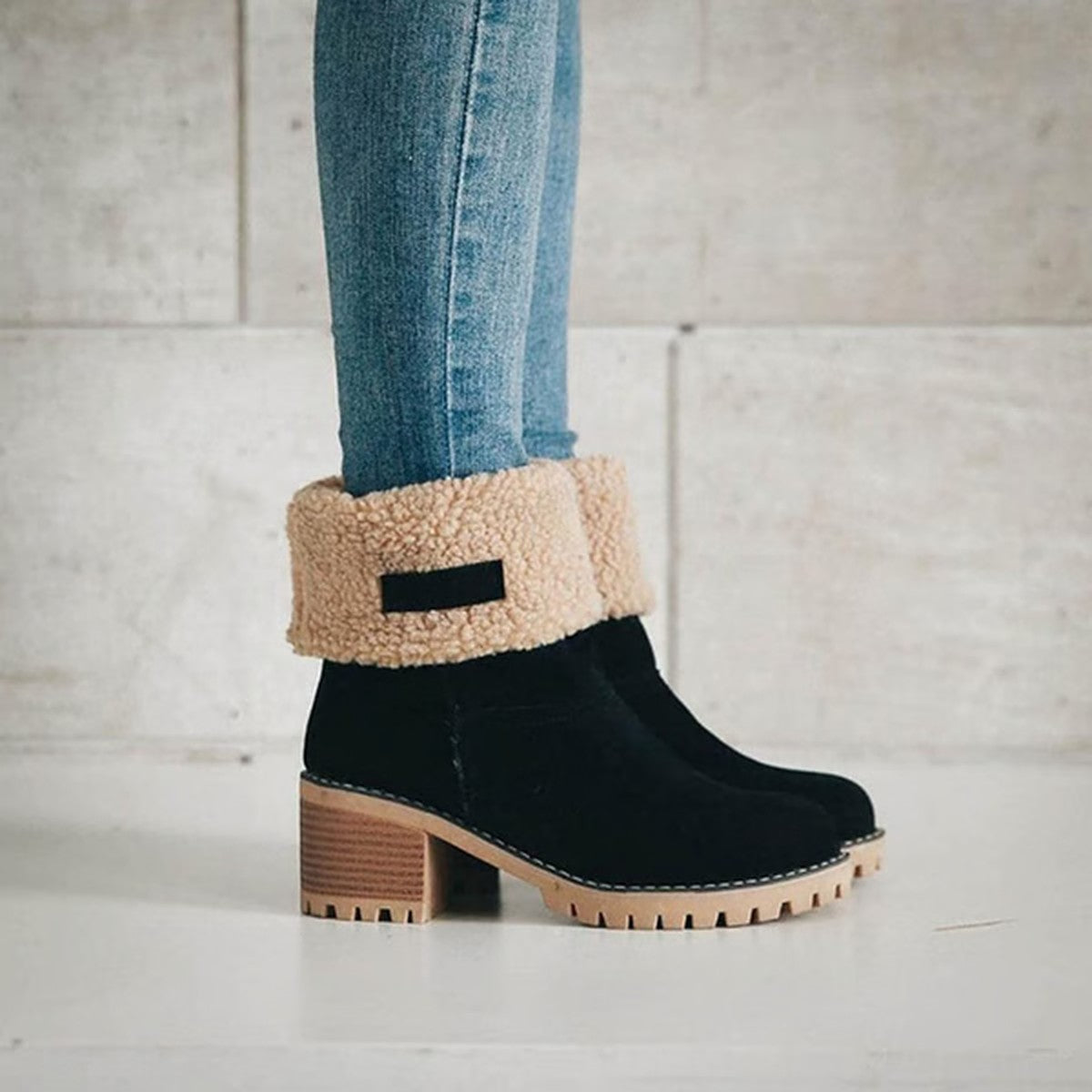 Chunky Block Heel Ankle Booties with Plush Faux Fur Trim and Lace Up Front