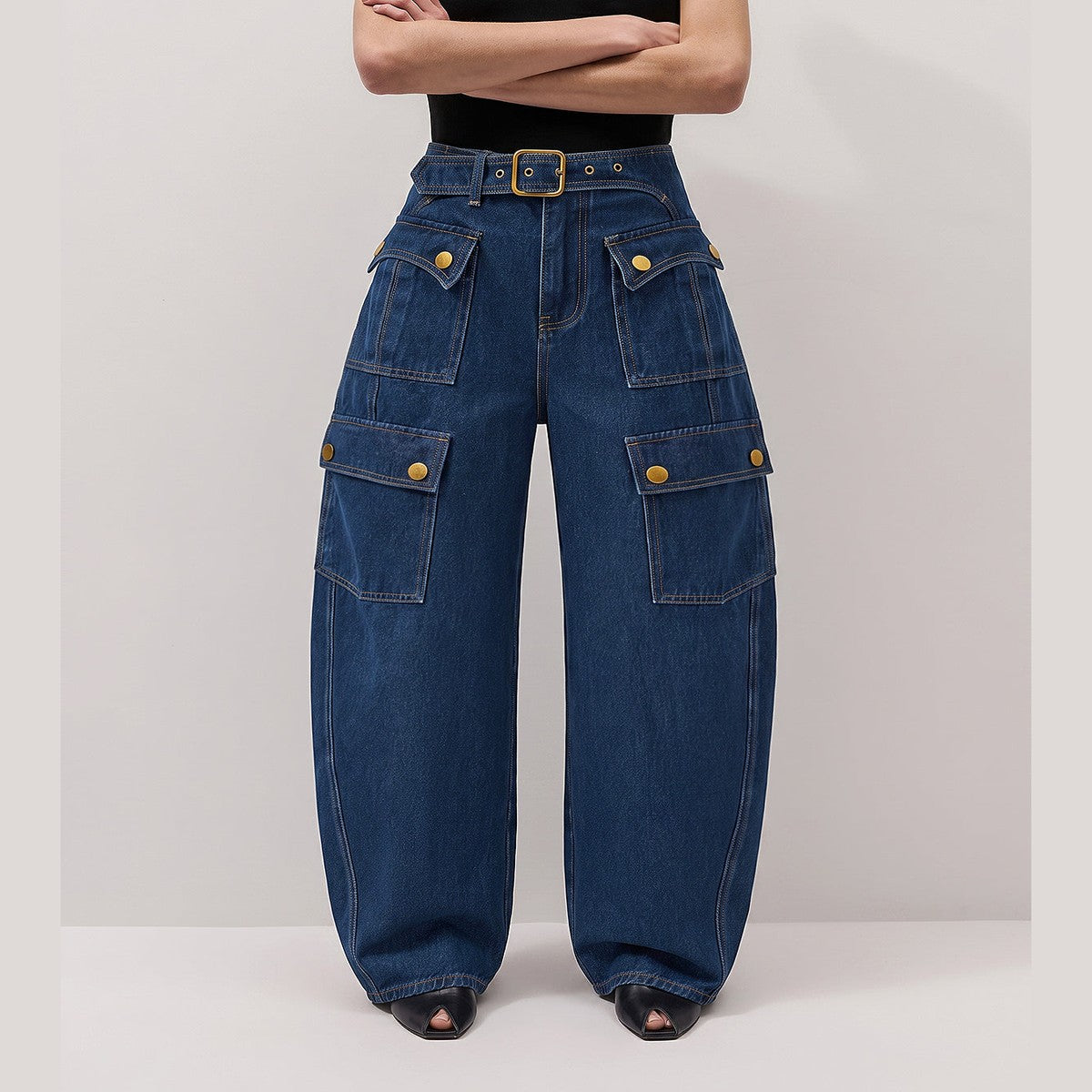 High Waisted Barrel Leg Denim Trousers with Cargo Pockets and Tie Belt