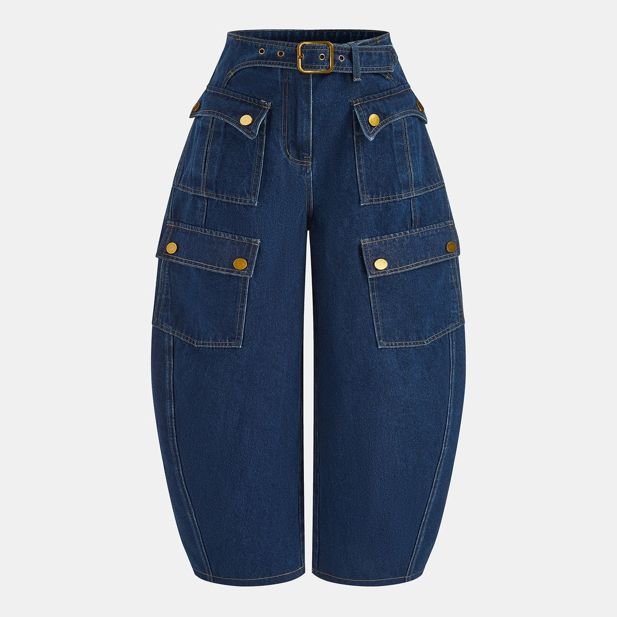 High Waisted Barrel Leg Denim Trousers with Cargo Pockets and Tie Belt