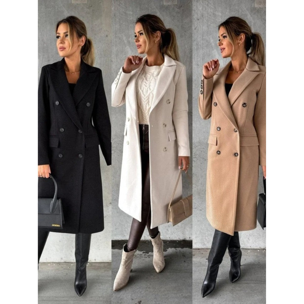 Double Breasted Long Trench Coat with Belt and Lapel Collar for Women