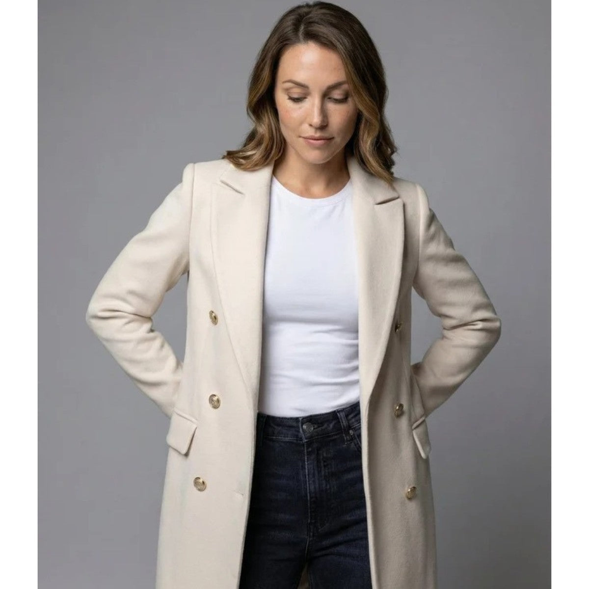 Double Breasted Long Trench Coat with Belt and Lapel Collar for Women