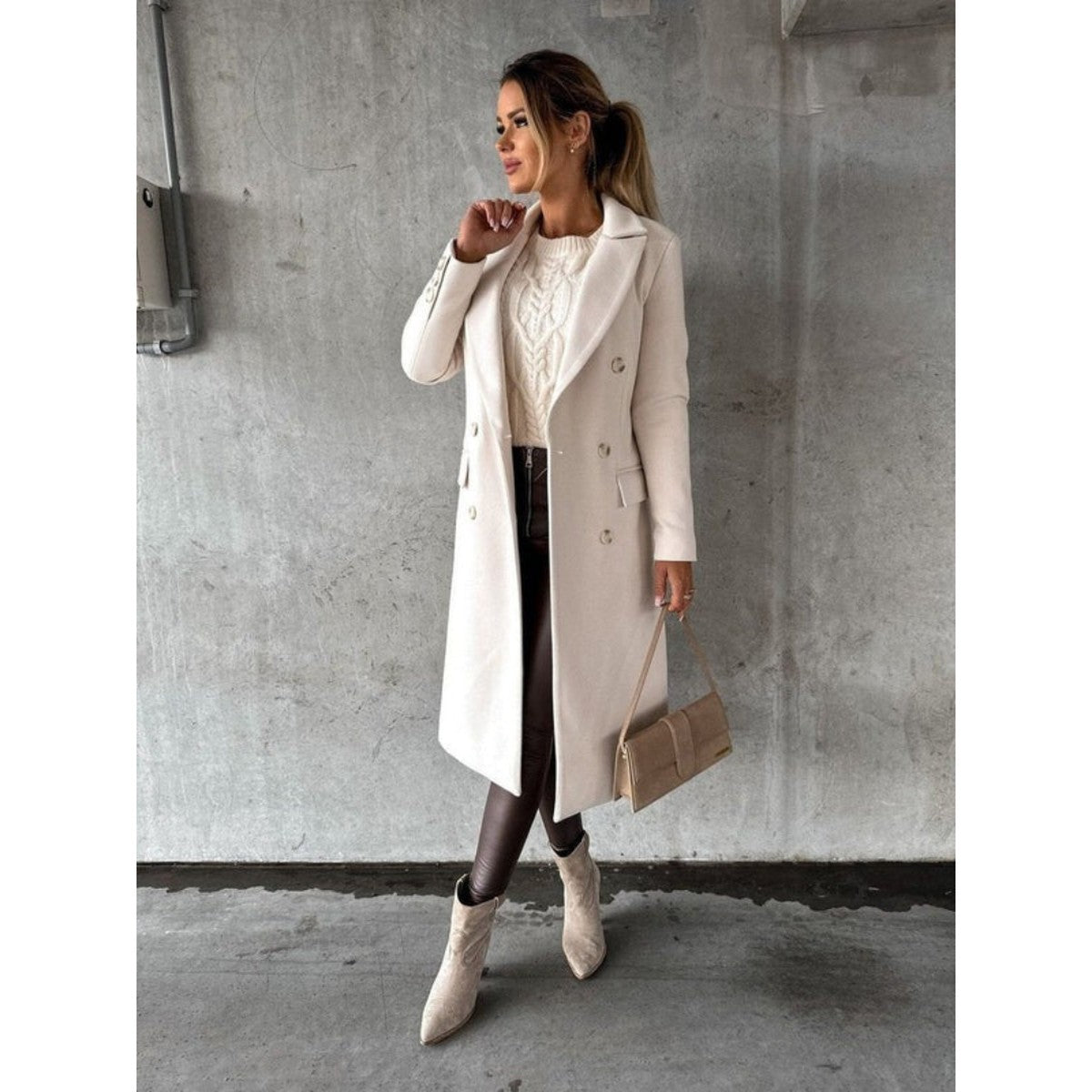 Double Breasted Long Trench Coat with Belt and Lapel Collar for Women