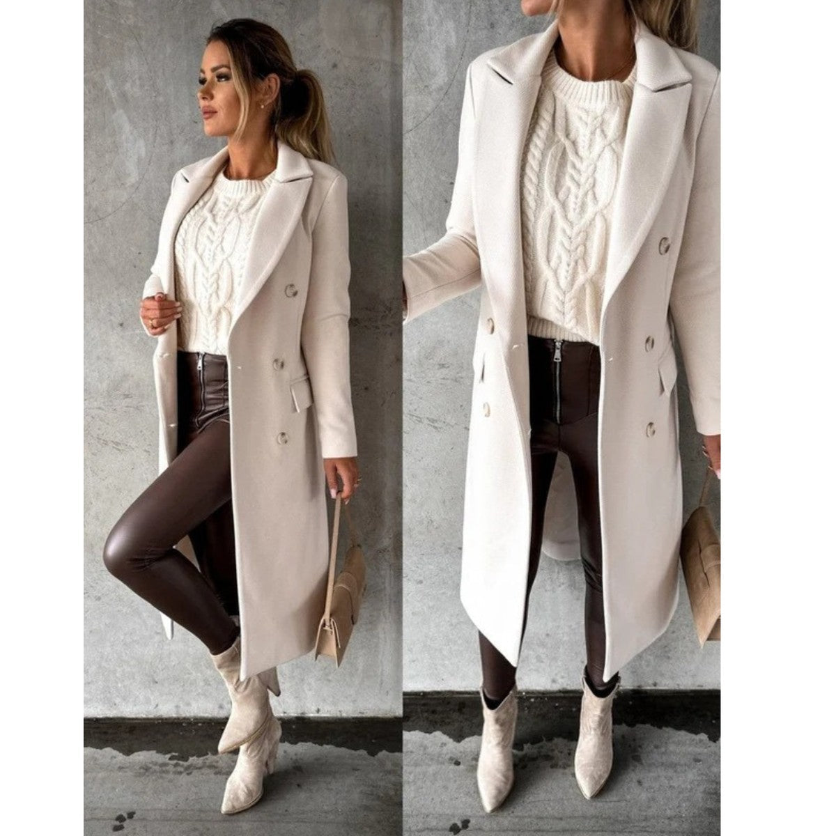 Double Breasted Long Trench Coat with Belt and Lapel Collar for Women