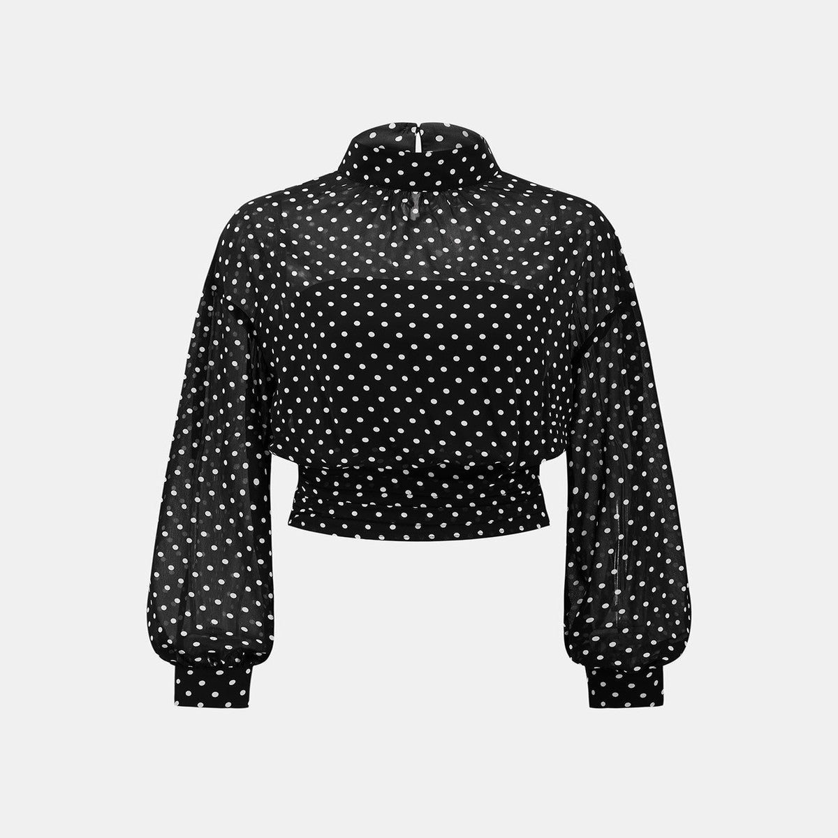 Women Sheer Mesh Long Sleeve Polka Dot Blouse with Tie Neck and Tube Top