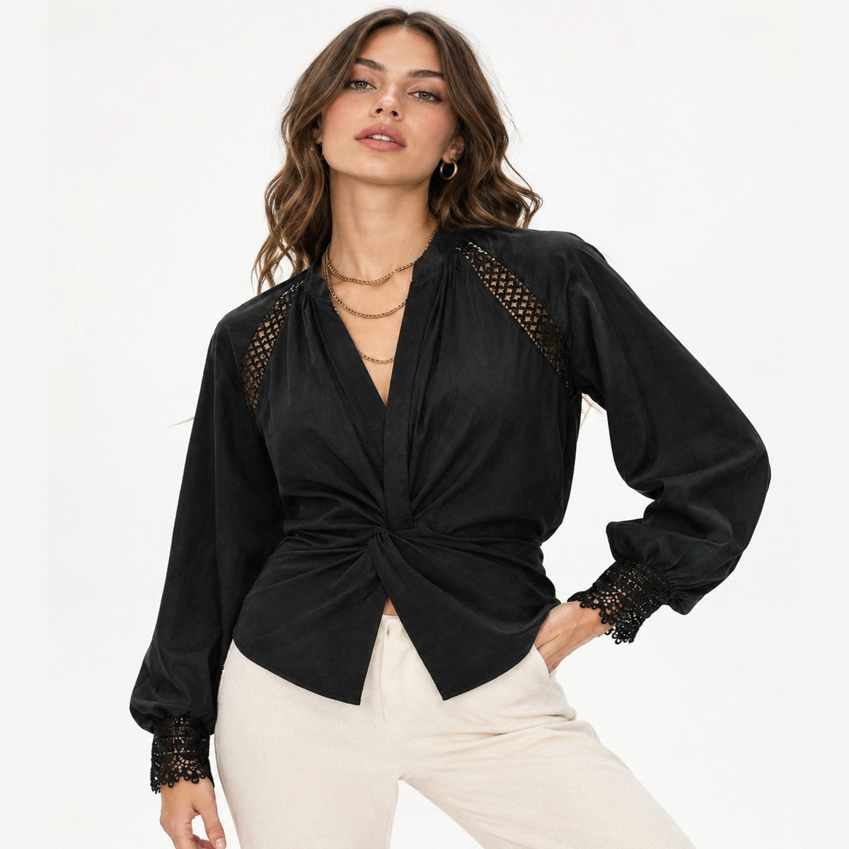 Women Long Sleeve Cotton Shirt with Sheer Lace Detail and Twist Knot