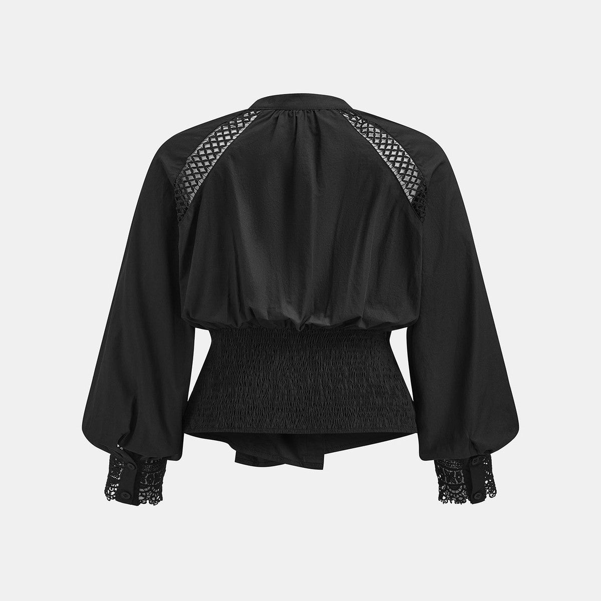 Women Long Sleeve Cotton Shirt with Sheer Lace Detail and Twist Knot