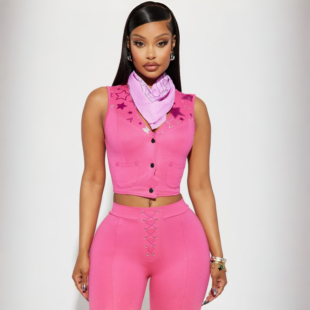 Pink Cowgirl Costume with Bell Bottom Chaps and Matching Bandana Set