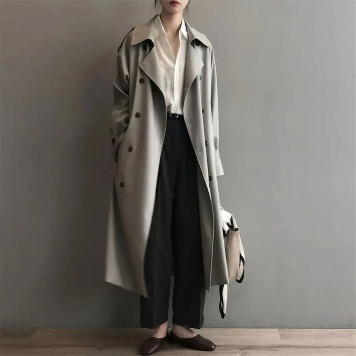 Long Double Breasted Trench Coat with Belt and Lapel Collar for Women