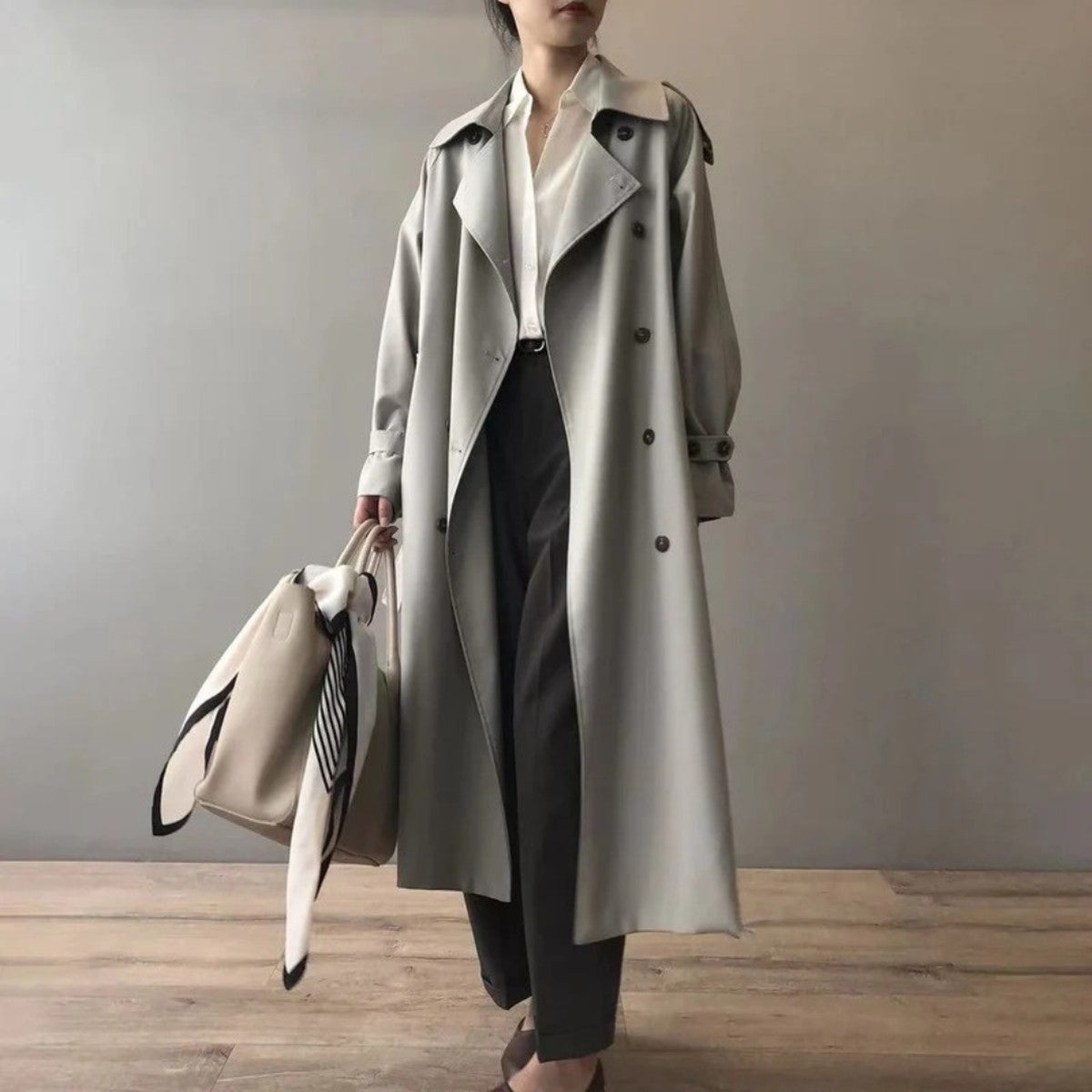 Long Double Breasted Trench Coat with Belt and Lapel Collar for Women