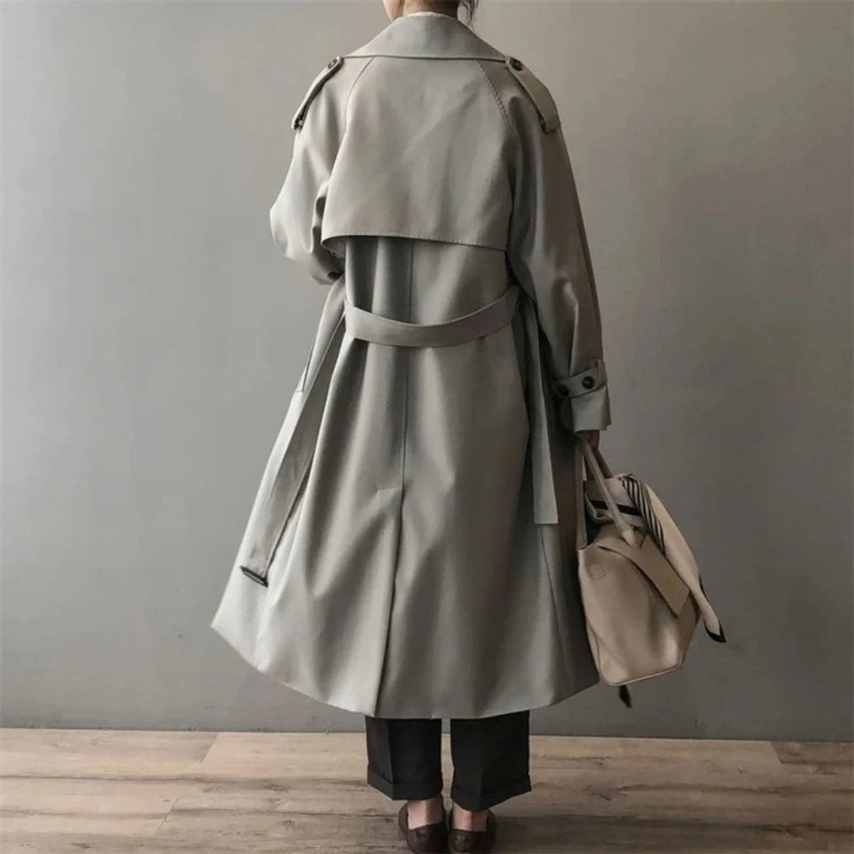 Long Double Breasted Trench Coat with Belt and Lapel Collar for Women