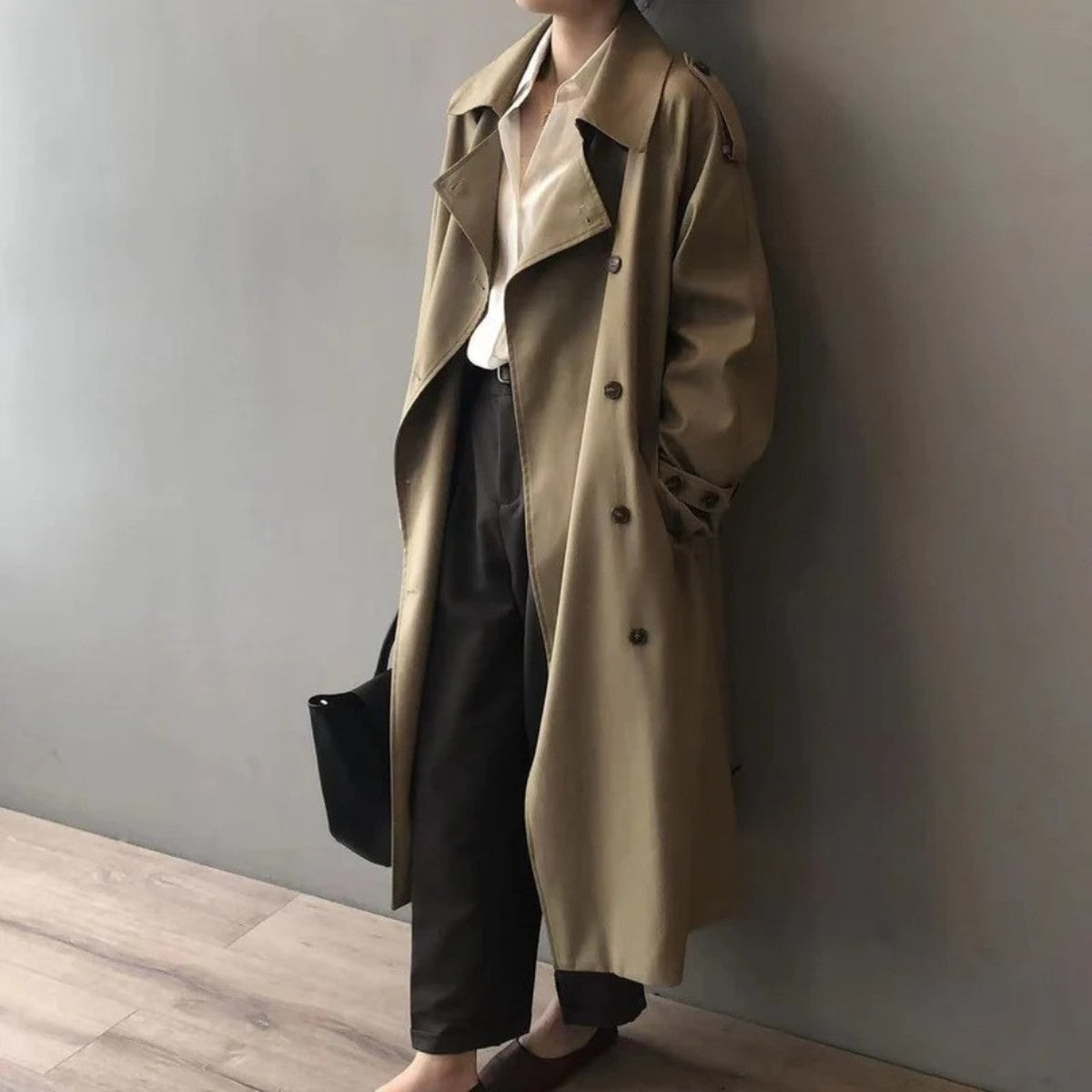 Long Double Breasted Trench Coat with Belt and Lapel Collar for Women