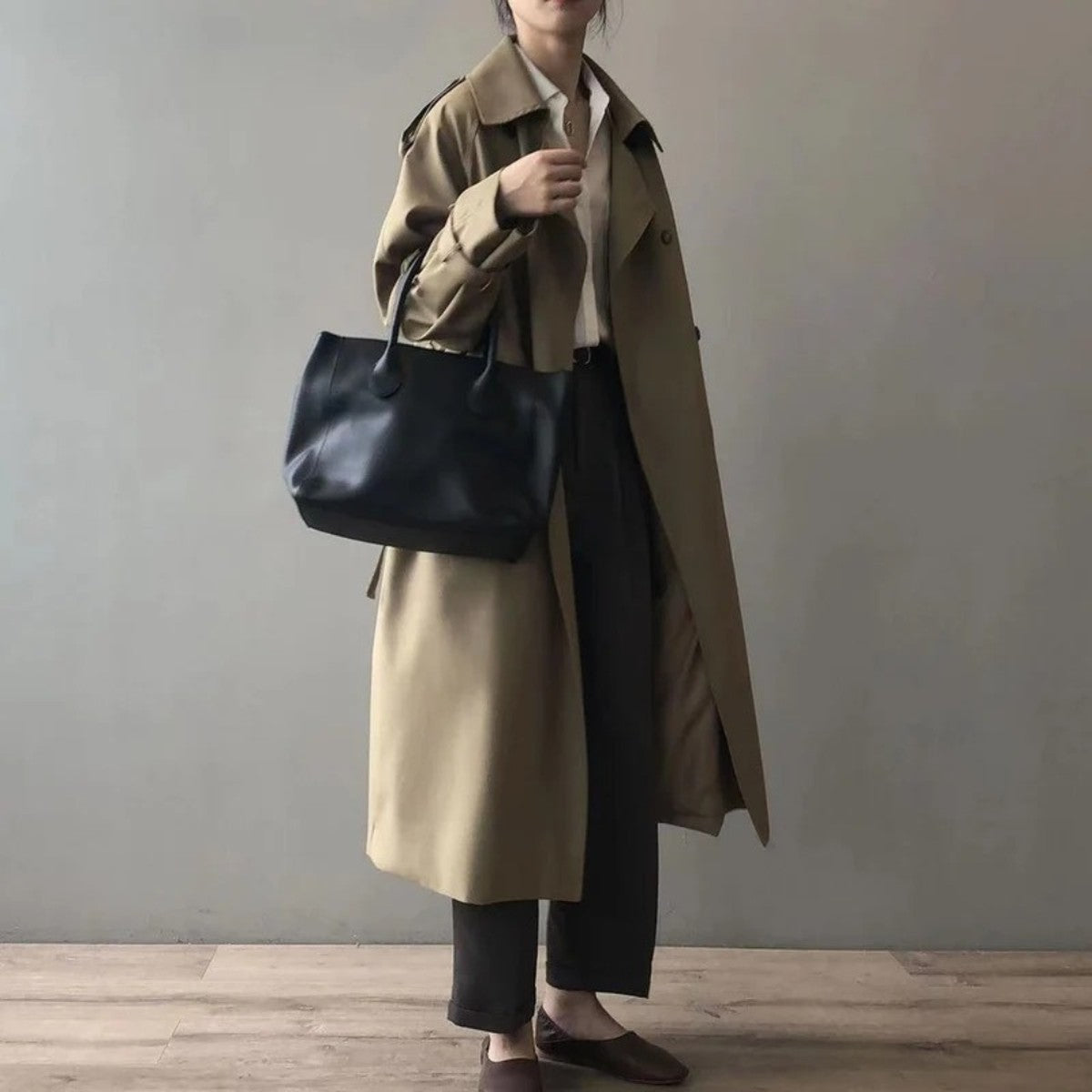Long Double Breasted Trench Coat with Belt and Lapel Collar for Women