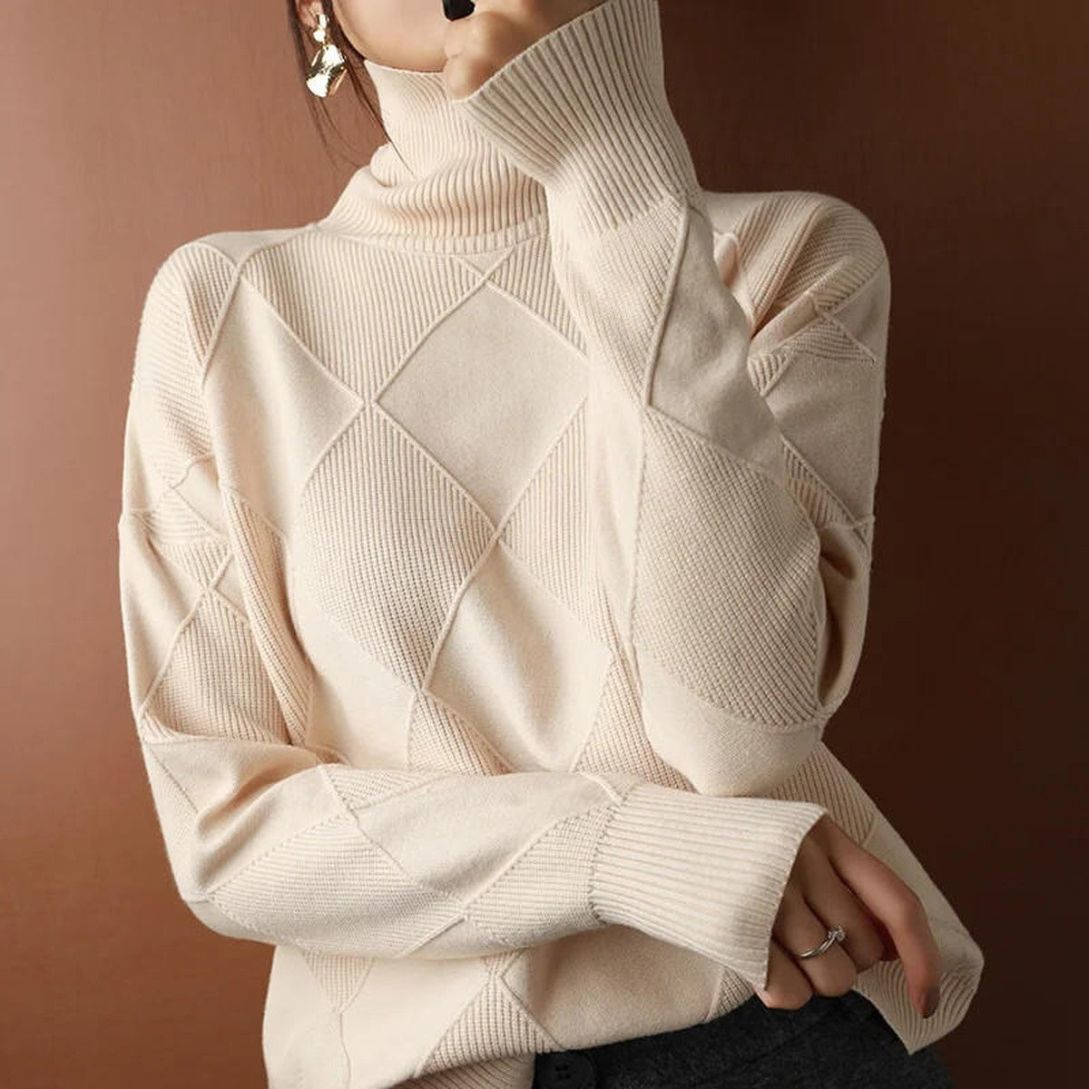 Men Long Sleeve Cashmere Knit Turtleneck Sweater with Ribbed Hem