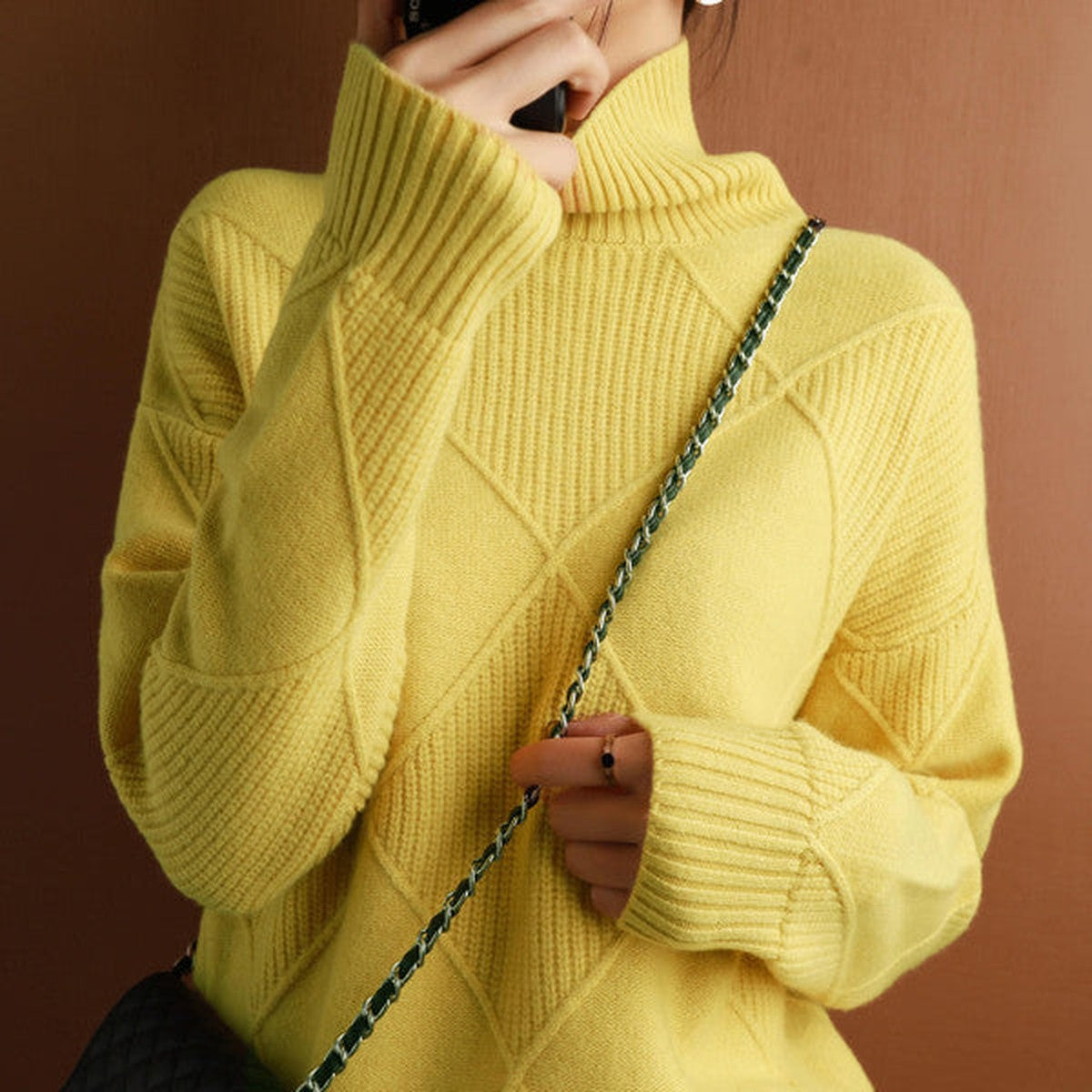 Men Long Sleeve Cashmere Knit Turtleneck Sweater with Ribbed Hem
