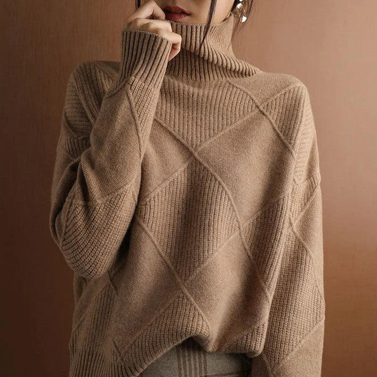 Men Long Sleeve Cashmere Knit Turtleneck Sweater with Ribbed Hem