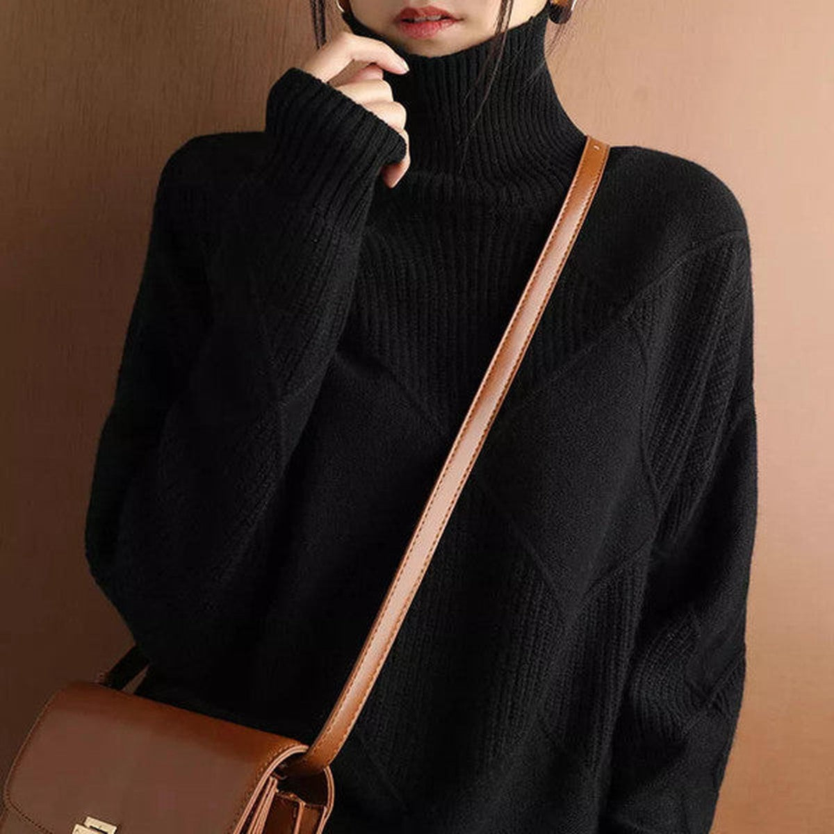 Men Long Sleeve Cashmere Knit Turtleneck Sweater with Ribbed Hem