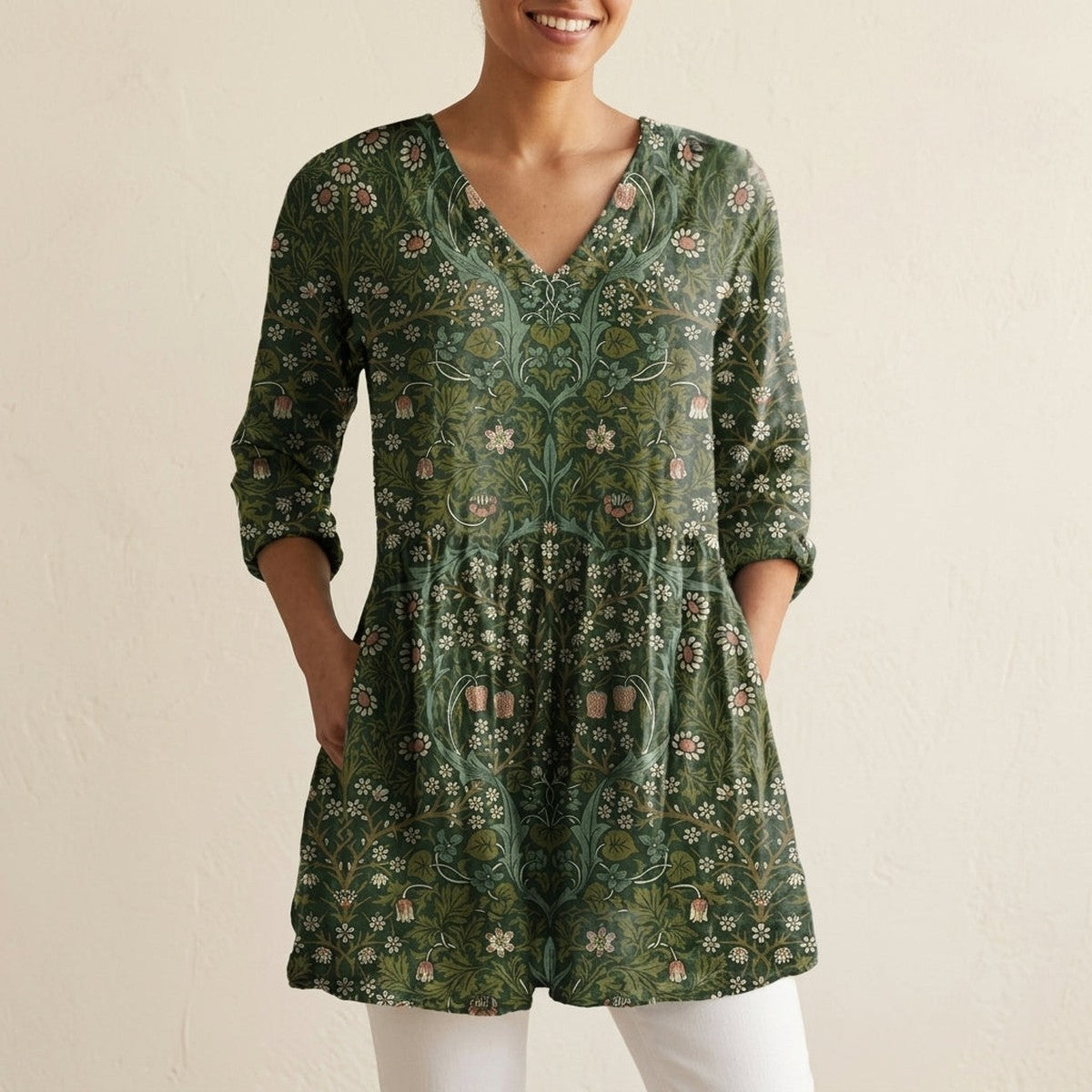 Casual Green Floral Blouse with Collared V Neck and Long Sleeves