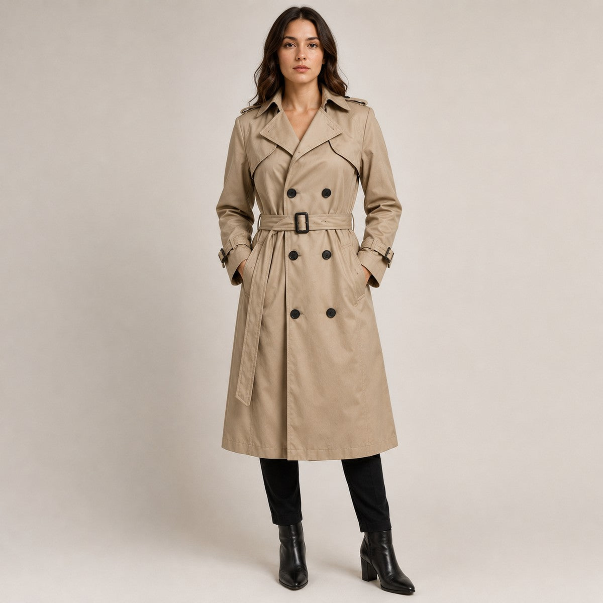 Long Double Breasted Trench Coat for Women with Removable Hood and Waist Belt