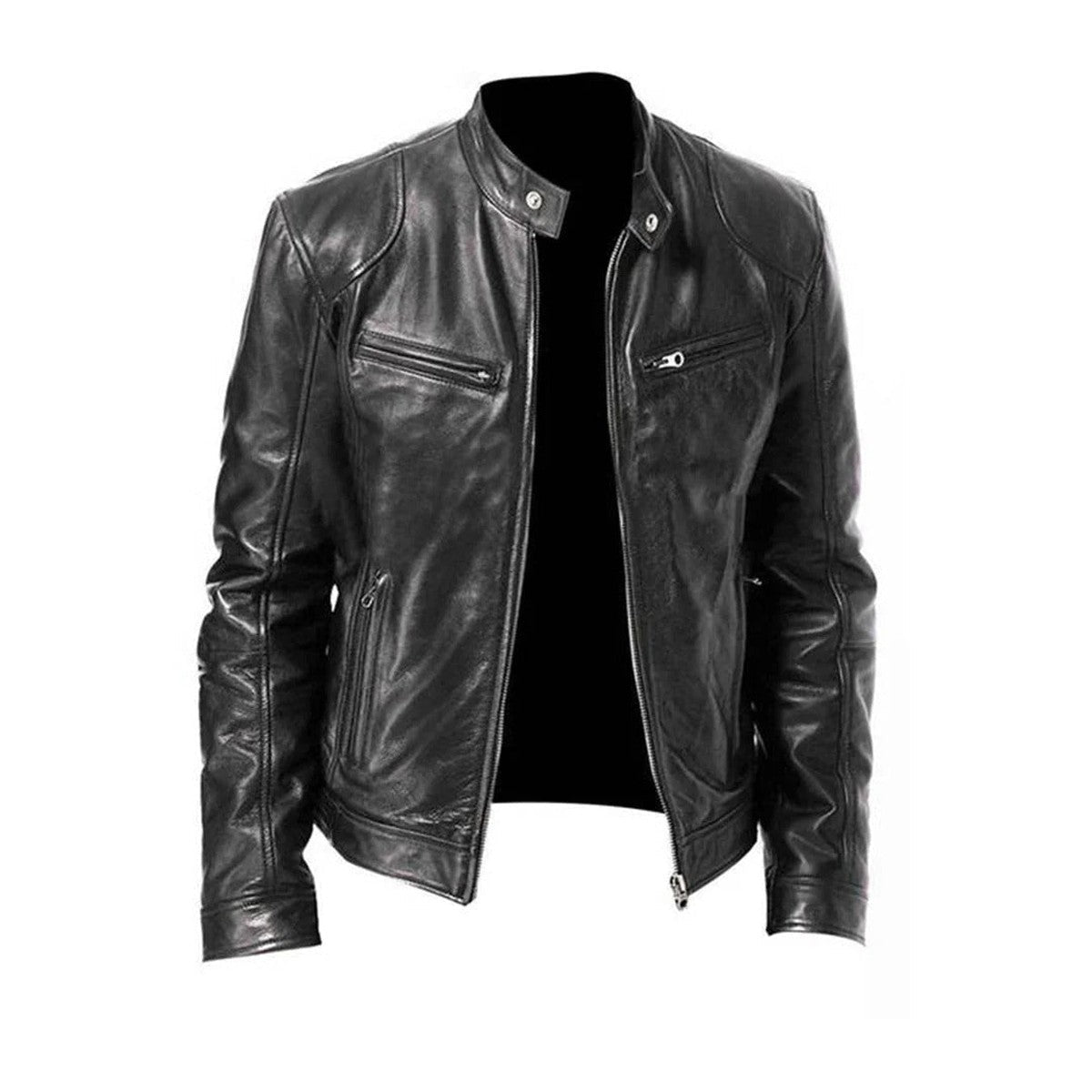 Leather Motorcycle Biker Jacket for Men with Quilted Shoulders and Zip Pockets