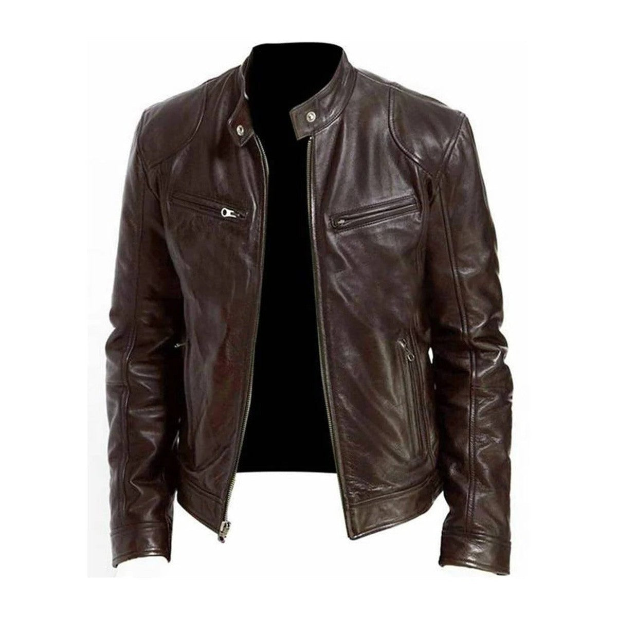 Leather Motorcycle Biker Jacket for Men with Quilted Shoulders and Zip Pockets
