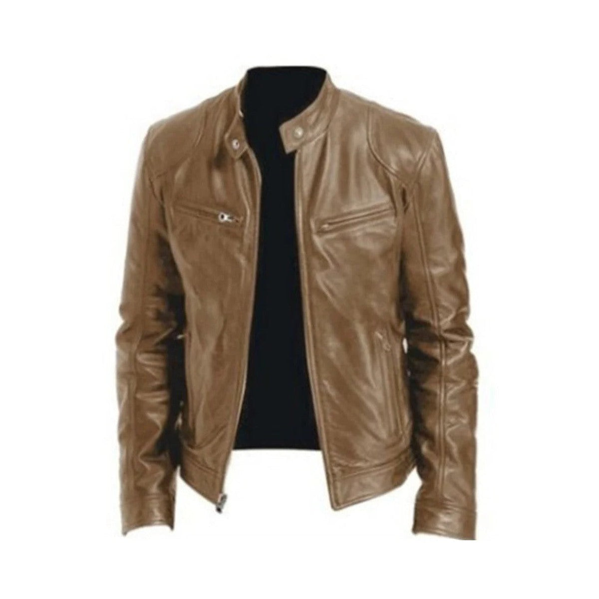 Leather Motorcycle Biker Jacket for Men with Quilted Shoulders and Zip Pockets