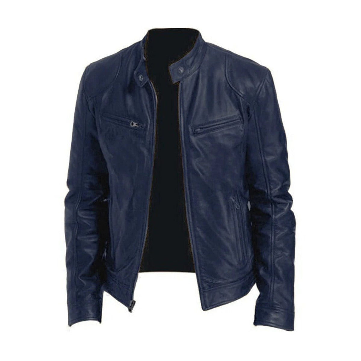 Leather Motorcycle Biker Jacket for Men with Quilted Shoulders and Zip Pockets