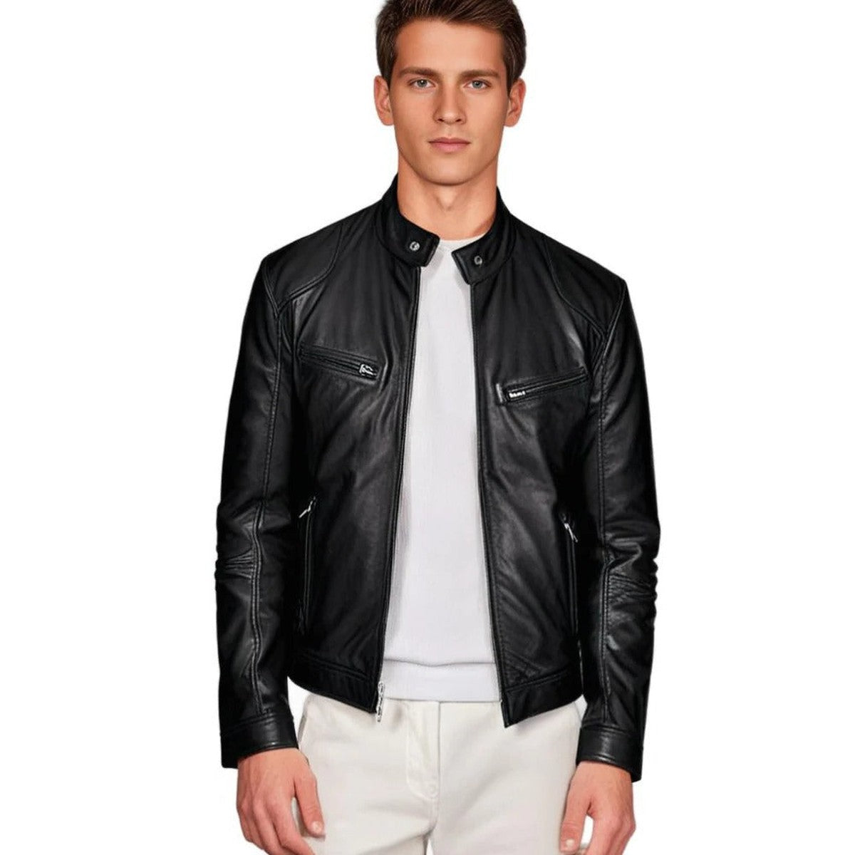 Leather Motorcycle Biker Jacket for Men with Quilted Shoulders and Zip Pockets